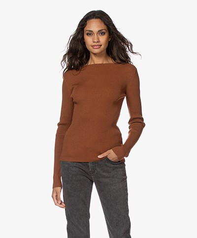 Woman by Earn Cory Ribbed Modal Blend Boatneck Sweater - Caramel