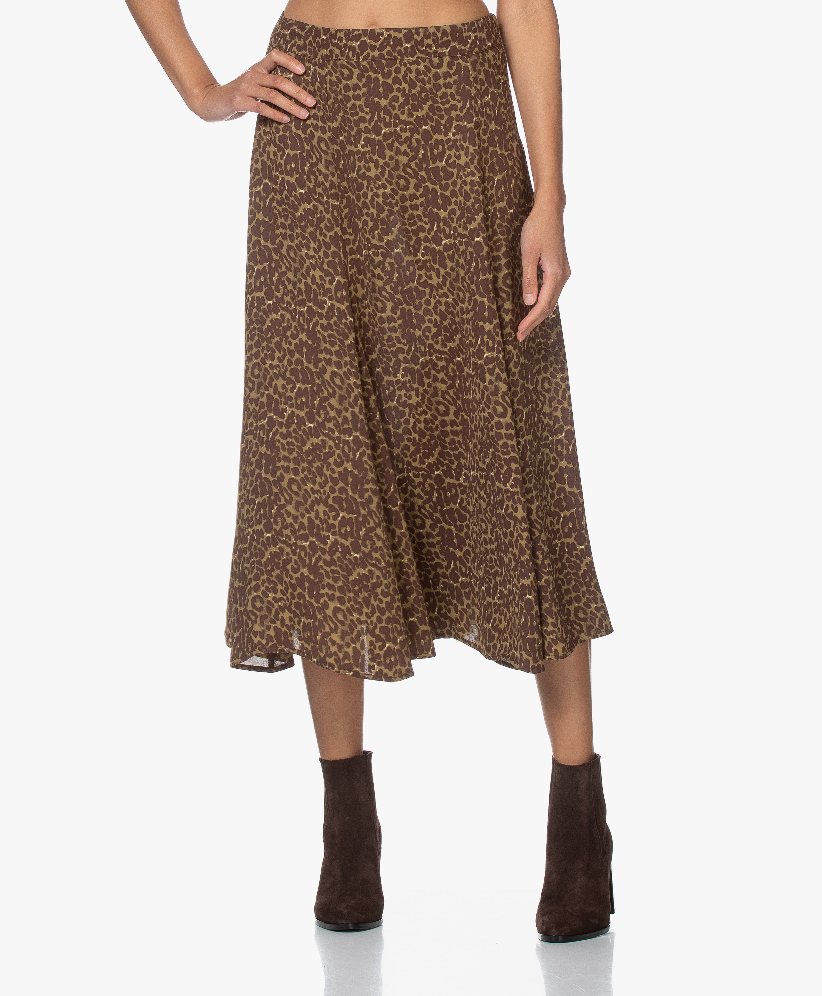 khaki leopard midi skirt