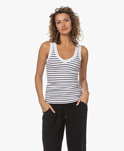 Michael Stars Blanche Ribbed Jersey Striped V-neck Tank Top - White/Admiral