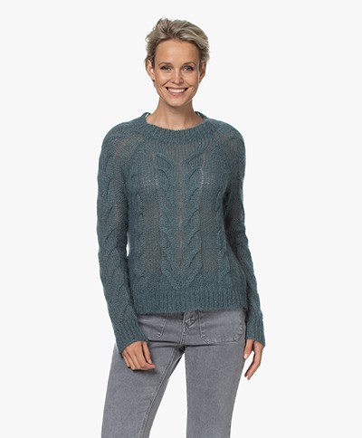 no man's land Mohair Blend Cable Knit Sweater - Peacock