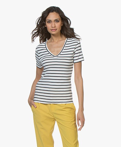 Petit Bateau Striped V-neck T-shirt - Marshmallow/Smoking