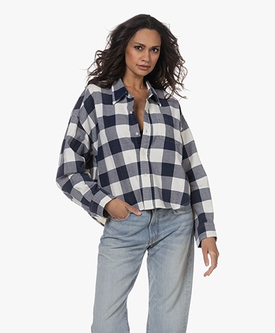 Denimist Cropped Flannel Plaid Shirt - Navy/Ecru Buffalo