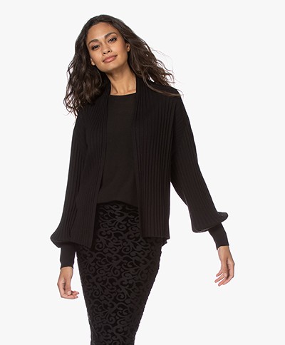 Repeat Open Ribbed Cotton Blend Cardigan - Black