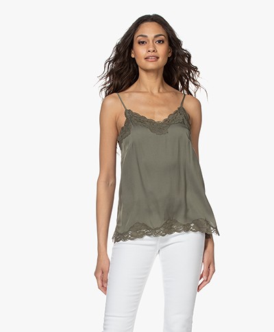 Repeat Silk Blend Top with Lace - Khaki