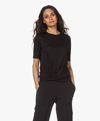 Repeat Lyocell Blend Short Sleeve Sweater with Knot Detail - Black