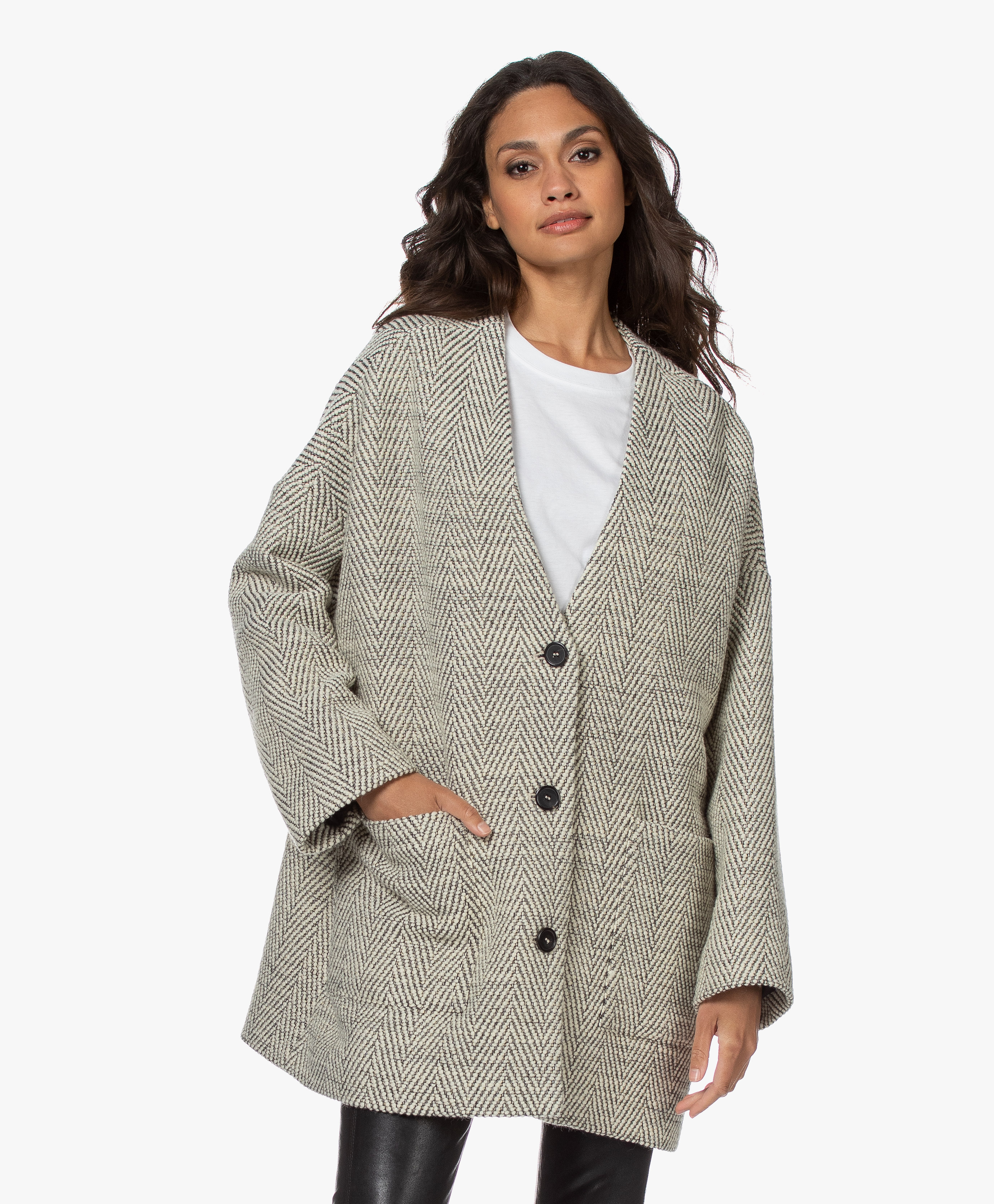 IRO Posner Wool Blend Coat with Herringbone Pattern - Ecru/Black ...