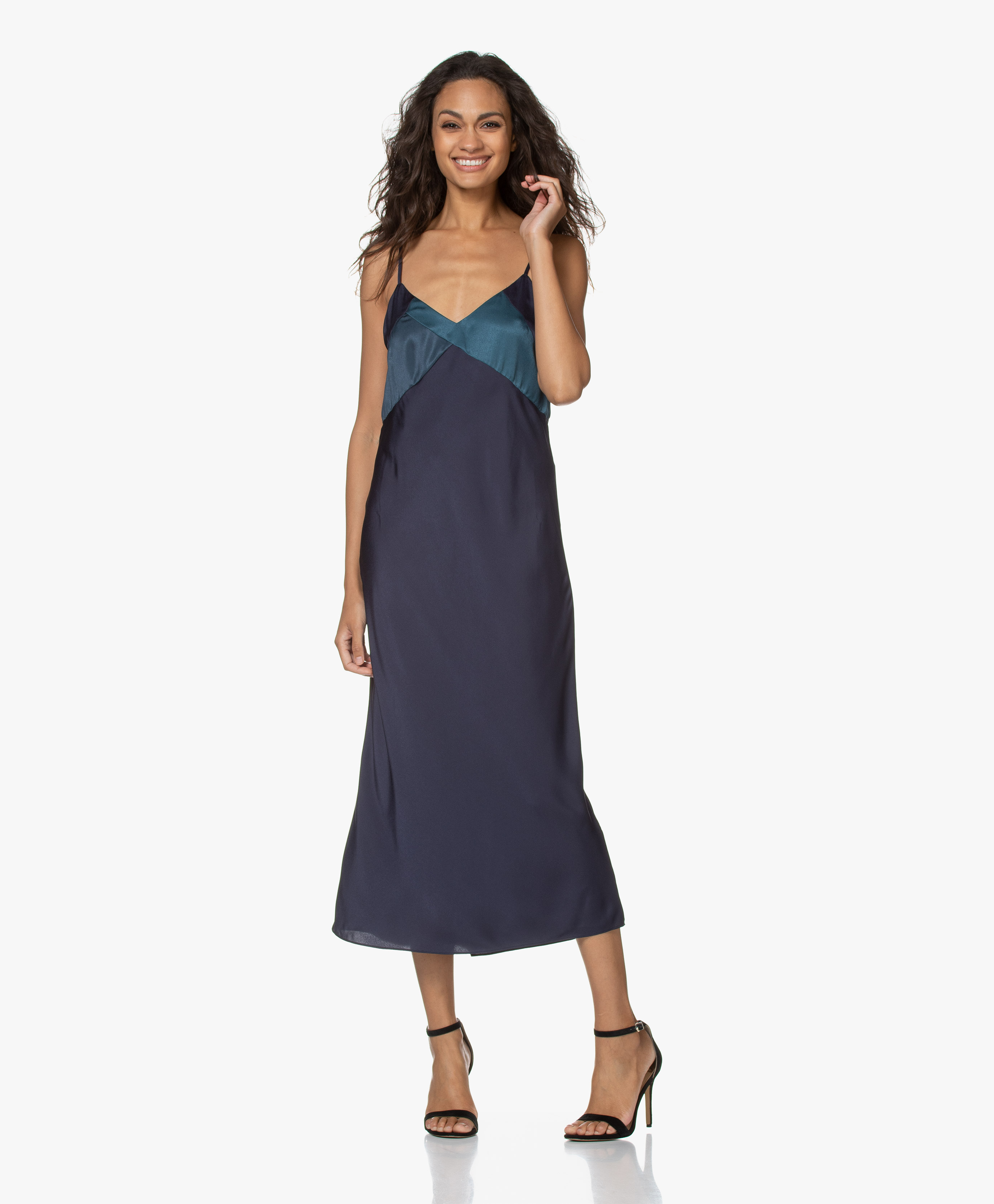 dark blue satin slip dress