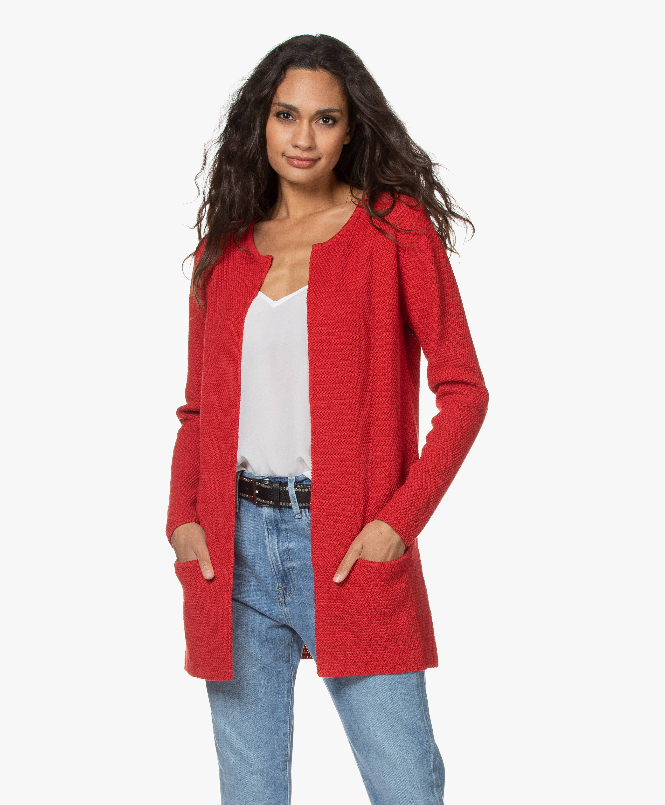 ladies red cardigan with pockets