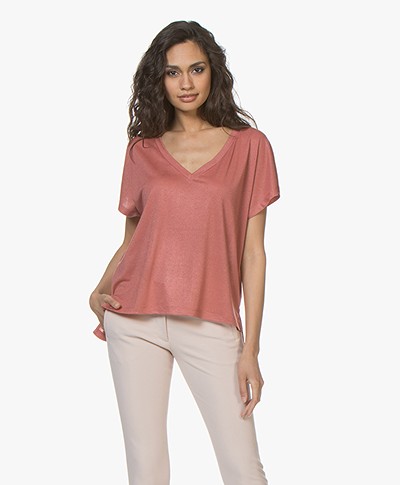 Drykorn Svana V-neck T-shirt with Lurex - Terracotta Pink