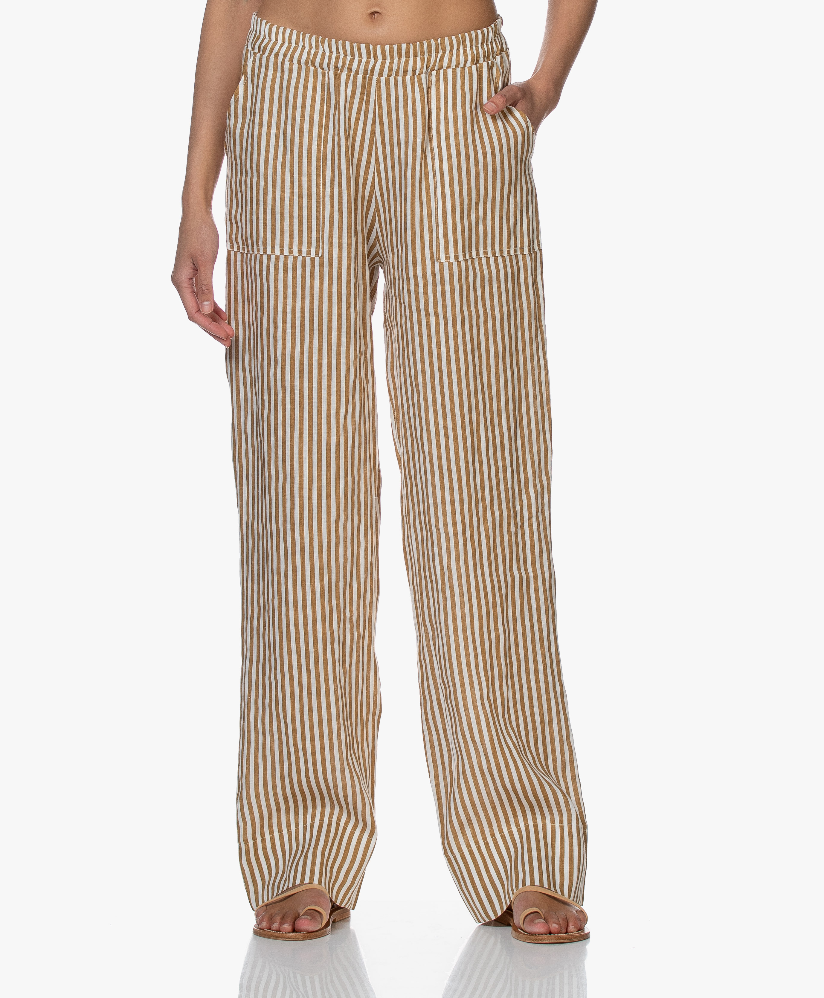 brown and white striped pants