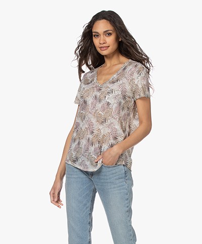 Repeat Linen Print T-shirt with Lurex - Leaves