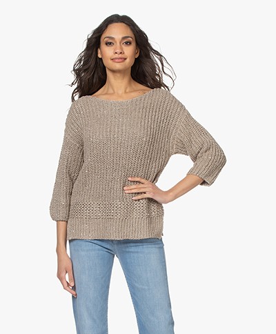 Repeat Sequins Sweater with Wide Round Neck - Beige