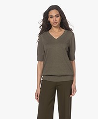 Repeat Cotton Blend V-neck Short Sleeved Sweater - Mud