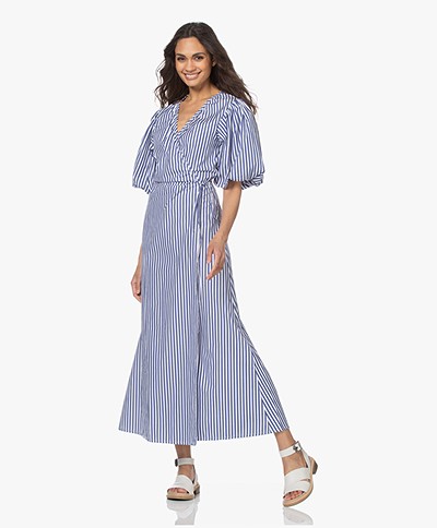 Les Coyotes de Paris Audie Striped Poplin Dress with Balloon Sleeves - Off-white/Navy