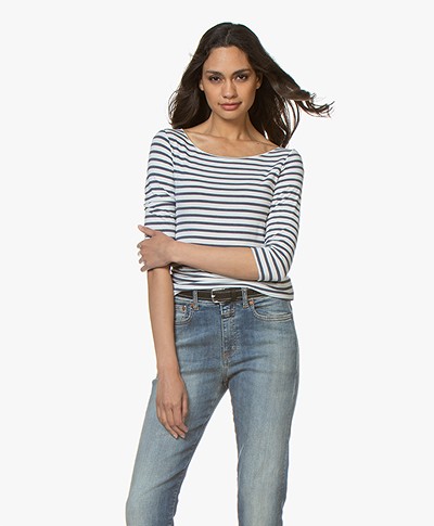 Majestic Filatures Striped T-shirt with Cropped Sleeves - Milk/Denim