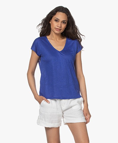 indi & cold Linnen V-hals T-shirt - Azul Klein