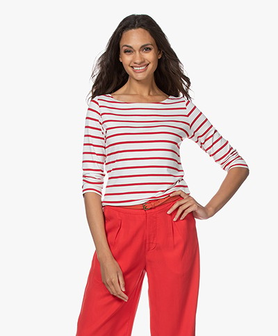 no man's land Striped Cropped Sleeve T-shirt - White/Red