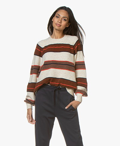 Closed Knitted Wool Blend Sweater with Stripes - Blanched Almond
