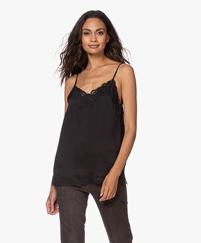 Repeat Silk Blend Top with Lace - Black