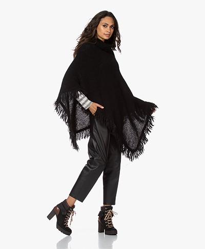 no man's land Mohair Blend Poncho with Fringes - Black
