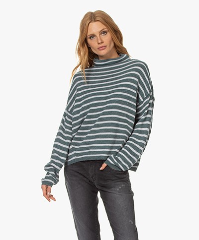 indi & cold Striped Funnel Neck Sweater - Green/White
