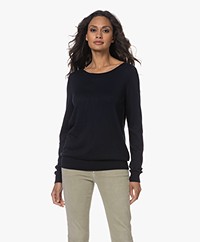 Repeat Cotton Blend Boat Neck Pullover - Navy