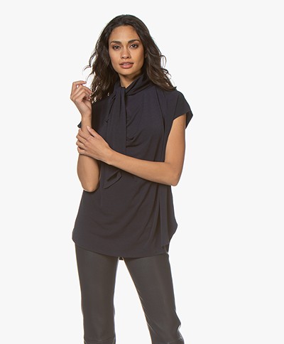 By Malene Birger Katie Crepe Jersey Blouse Top with Tie Neck - Night Sky