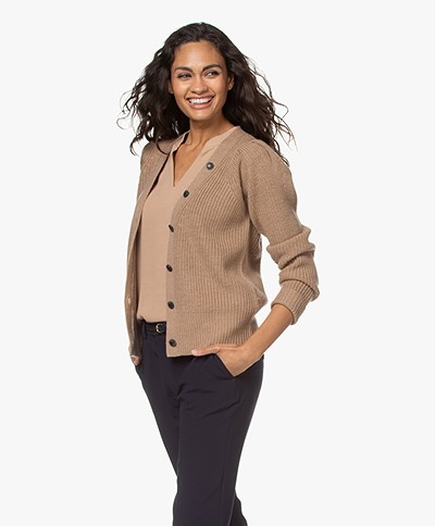 Repeat V-neck Button-through Cardigan in Merino Wool - Camel