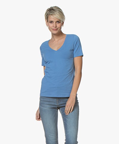 Repeat Stretch-Katoen V-hals T-shirt - Blue Jeans