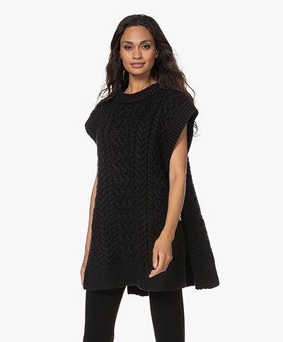 I Love Mr Mittens Cable Knitted Sleeveless Poncho Sweater - Black