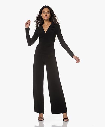 Norma Kamali V-neck Shirred Tech Jersey Jumpsuit - Black