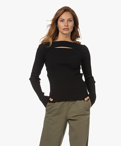 ANINE BING Lora Ribbed Cut-out Boat Neck Sweater - Black