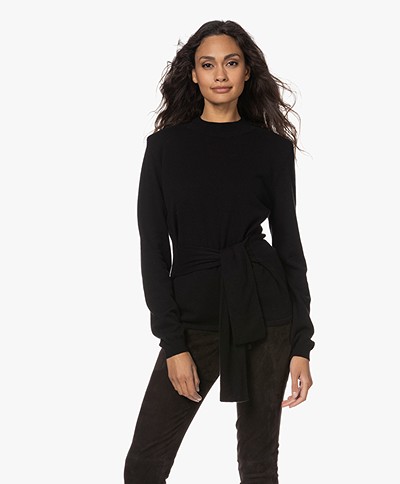 Róhe Lulu Belted Cashmere-Merino Sweater - Black