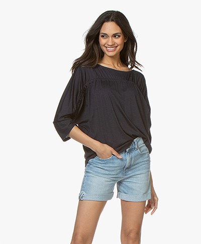 Closed Cotton Jersey T-Shirt with Cropped Sleeves - Dark Night