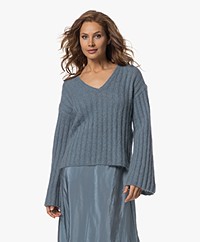 By Malene Birger Cimone Mohair Rib-Knitted Sweater with V-neck - Cool Water
