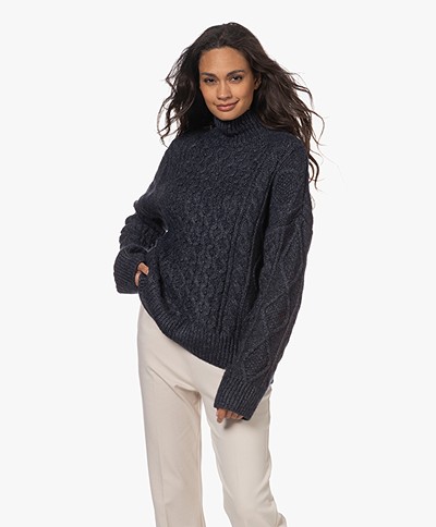 Denham Maddox Cable Knitted Wool Blend Sweater - Peacoat Blue Melange