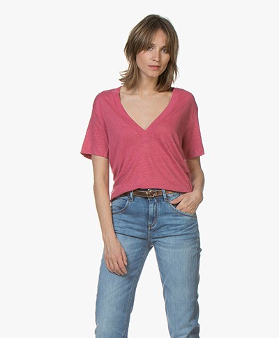 IRO Jahal Linen Deep V-neck T-shirt - Pink