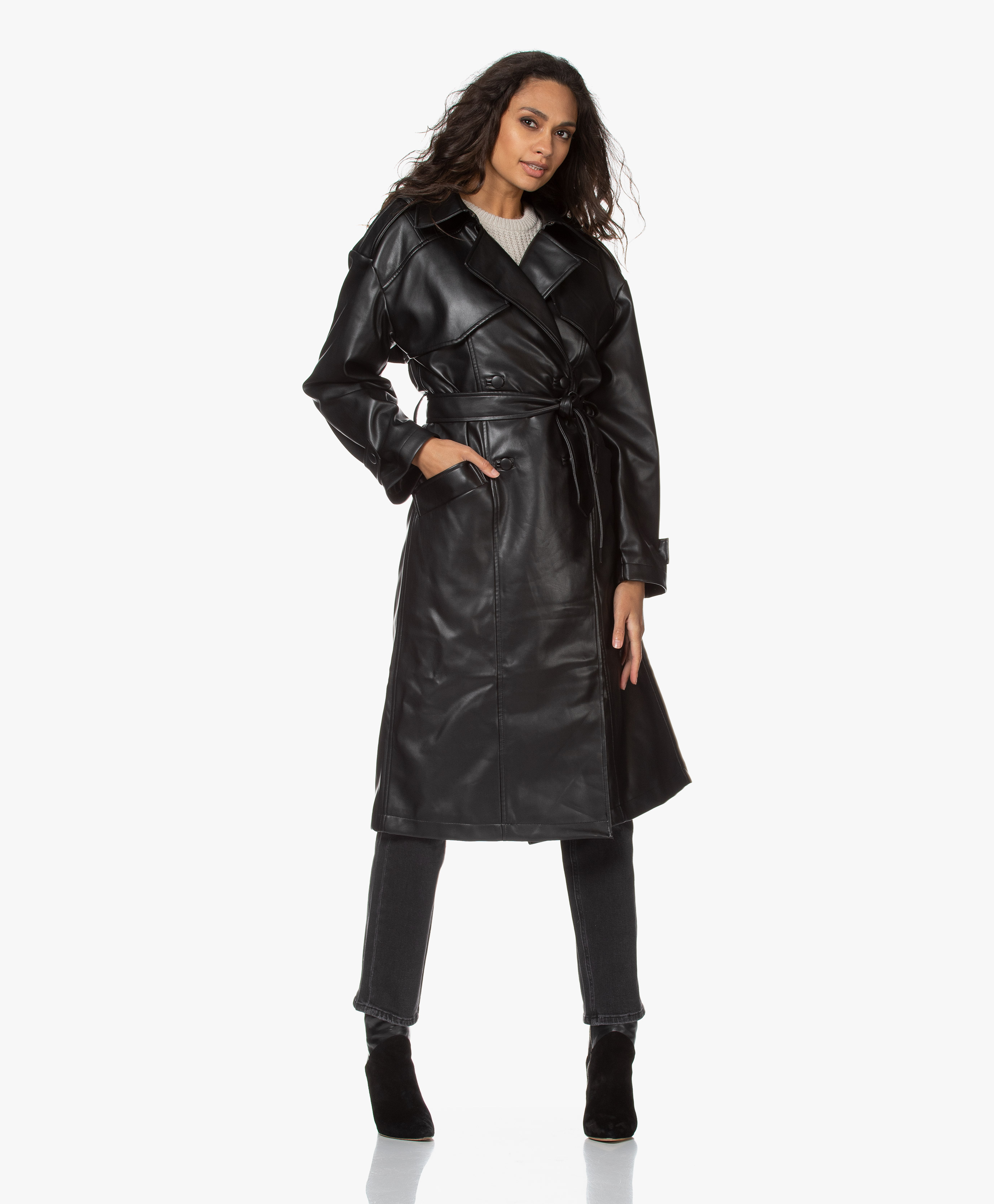 ANINE BING Finley Faux Leather Trench Coat - Black - a-01-0054-000