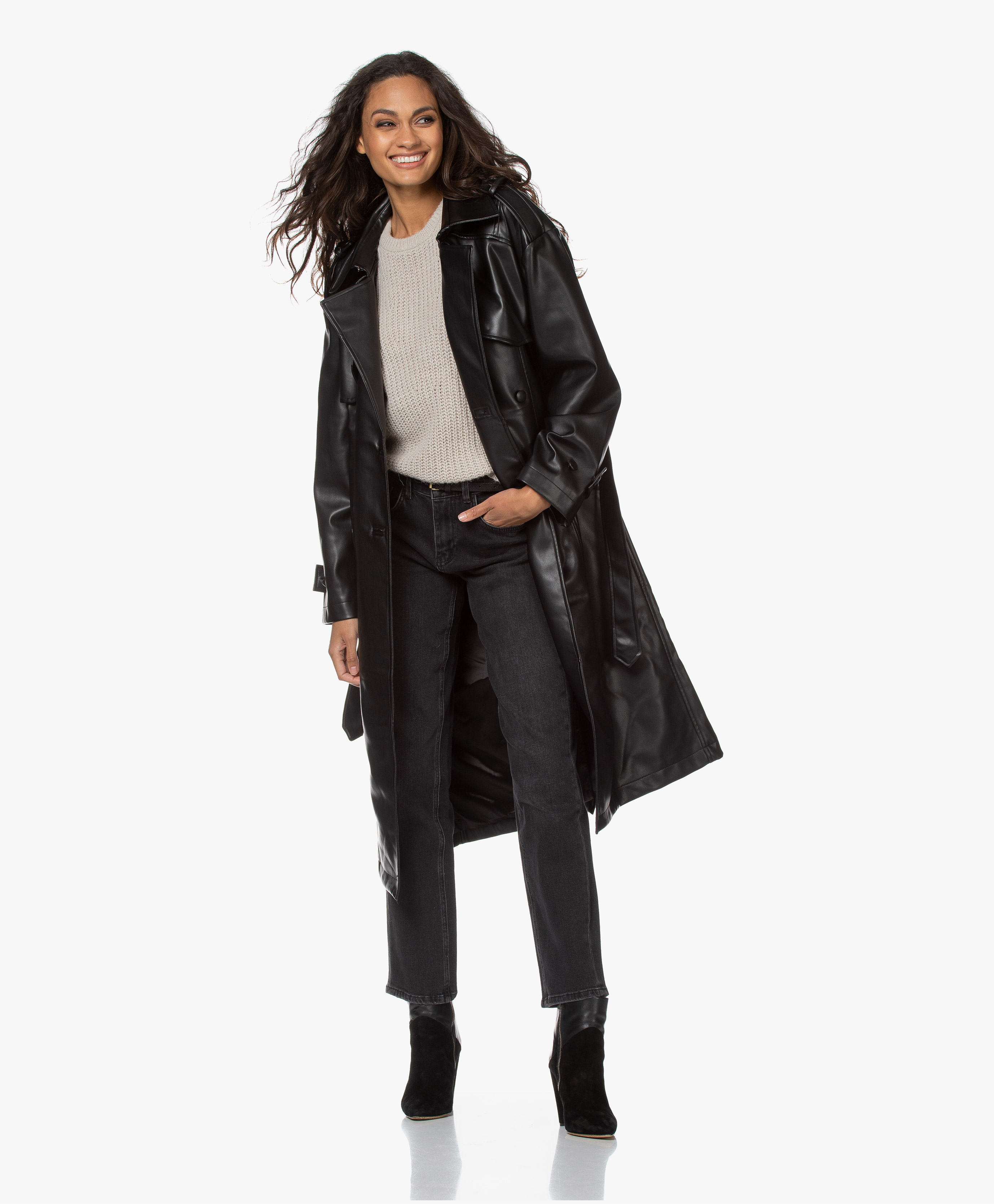 ANINE BING Finley Faux Leather Trench Coat - Black - a-01-0054-000