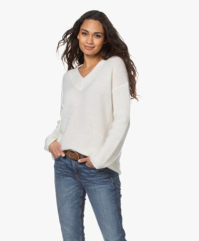 no man's land Mohair and Wool Blend  V-neck Sweater - Ivory