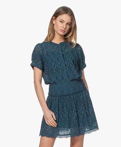 by-bar Bloom Embroidery Short Sleeve Blouse - Oil Blue