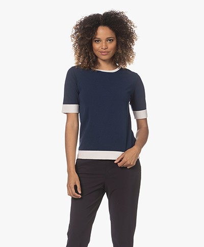 LaSalle Two-Tone Viscose Mix Short Sleeve Sweater - Navy