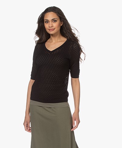 Kyra & Ko Birgit Cotton Ajour Short Sleeve Sweater - Black