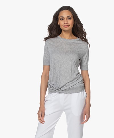 Repeat Lyocell Blend Short Sleeve Sweater with Knot Detail - Grey