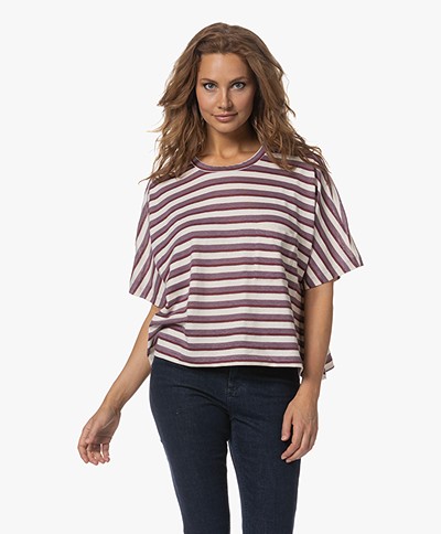 Pomandère Striped Linen-Cotton R-neck T-shirt - Lilac/Off-white