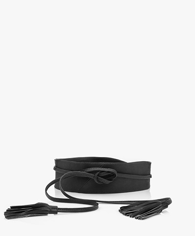 KYRA Leather Tassel Tie Belt - Black