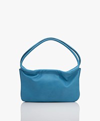 Closed Leather Bag with Piping Shoulder Straps - Blue Haze