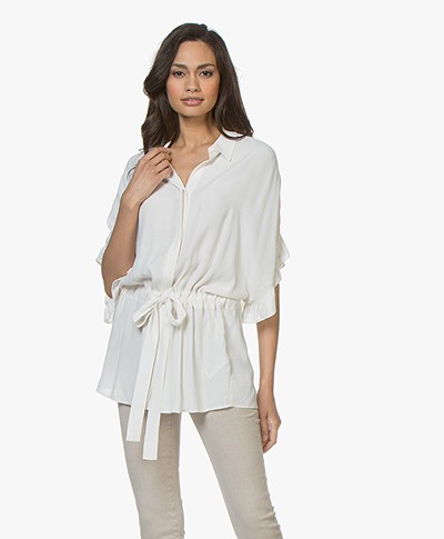 Repeat Viscose Blouse with Ruffle Sleeves - Cream