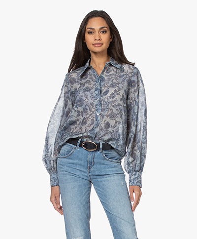 Repeat Voile Print Shirt in Cotton and Silk - Dusty Blue