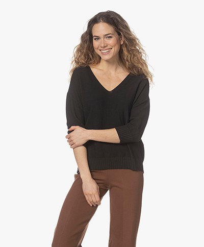 no man's land V-neck Sweater with Cropped Sleeves - Core Black